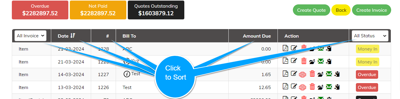 Sort Invoicing Sort Columns